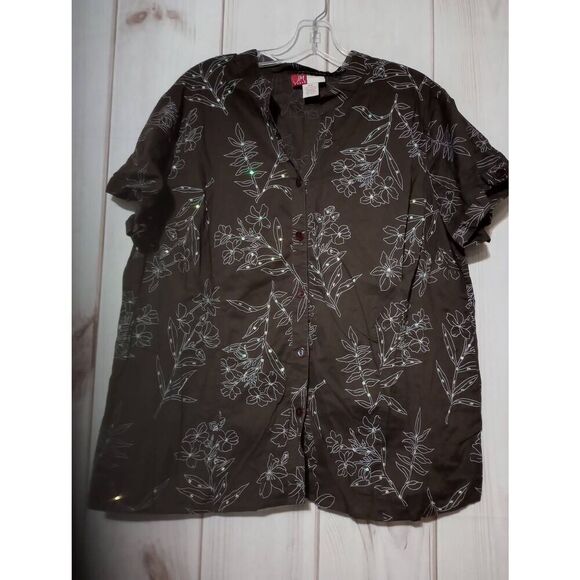 JM Collection Shirt Ladies 18W Brown Button Front Short Sleeve Studded - Picture 1 of 6